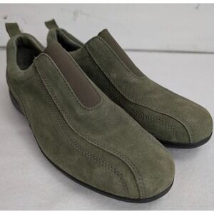 Lands End Suede Slip On Loafers Womens 9.5 B Olive Green Comfort Shoes
